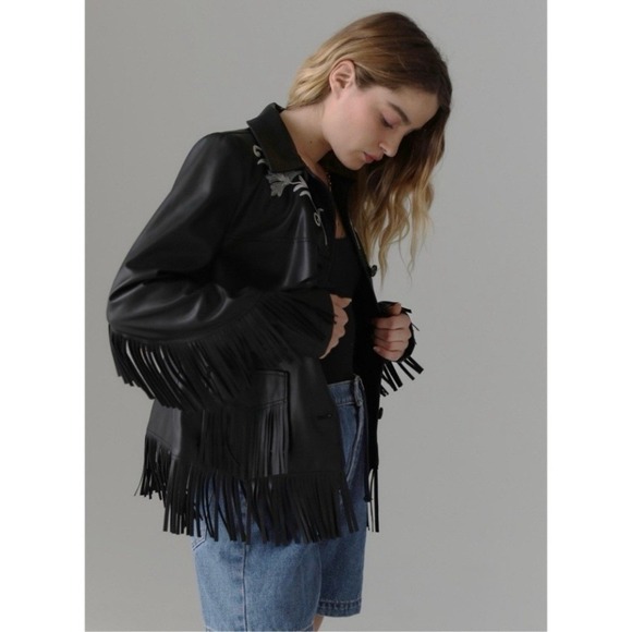 Urban Outfitters Black Leather Jacket with‎ Fringe and Embroidery - Picture 3 of 14